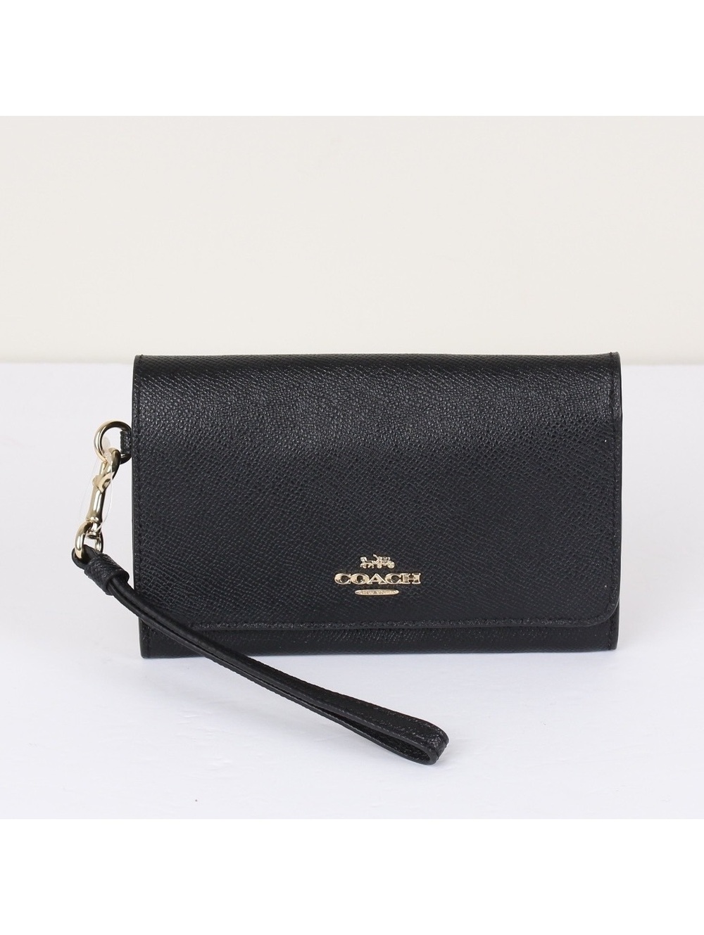 NWT Coach F30205 Black Crossgrain Leather Flap Phone Wallet Wristlet Clutch